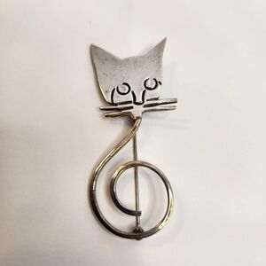 sterling silver abstract artisan cat kitty brooch pin mexico 925 signed